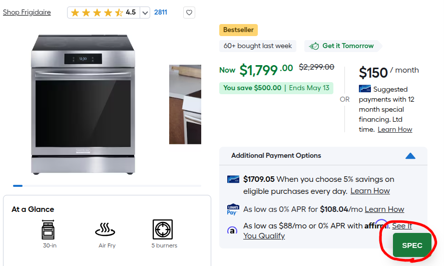 The SPEC button on a product page